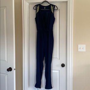 Navy jumpsuit with neon detail